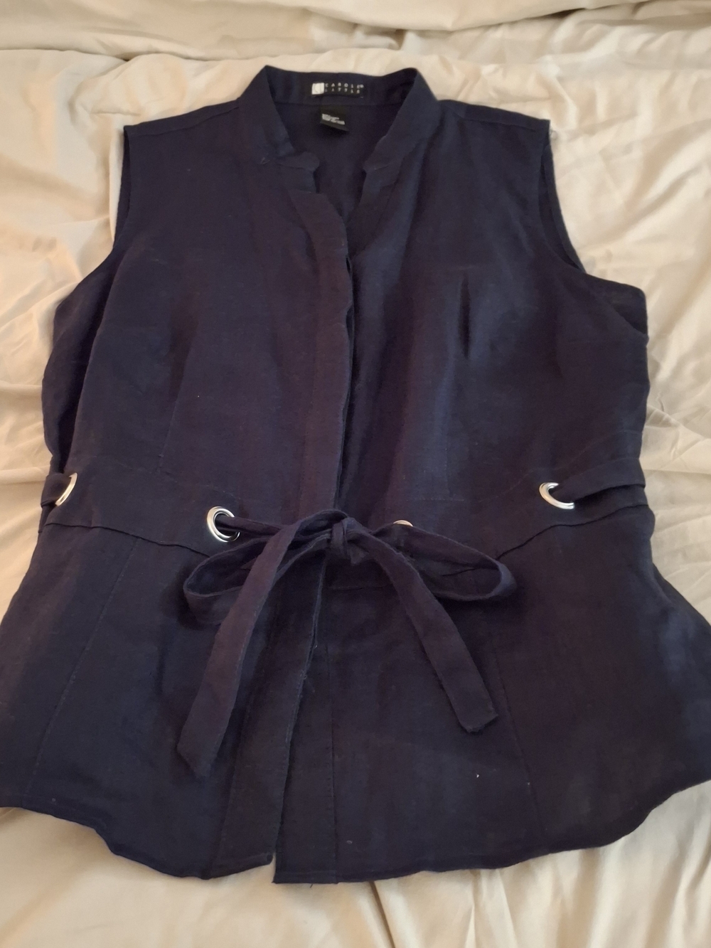 Carole Little Women's Navy Sleeveless Linen Top - Picture 2 of 6